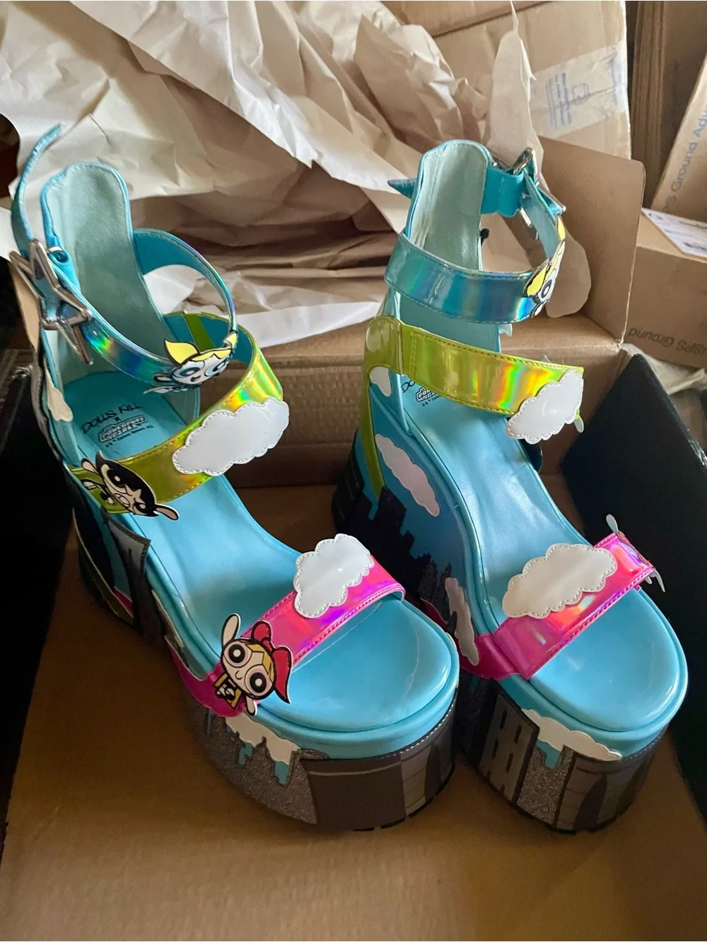 Dolls Kill The Powerpuff Girls Blue Holographic Platform Sandals size 8 NEW